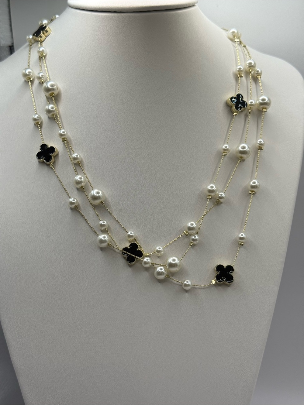 Gold Pearl Station Necklace with Red Bourdeaux clover Accent